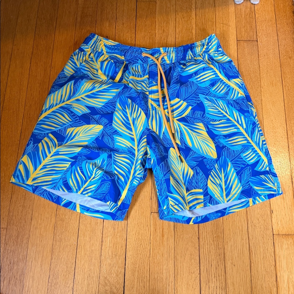 Blue and Yellow Leaf Print Men's Swim Shorts size men’s medium
